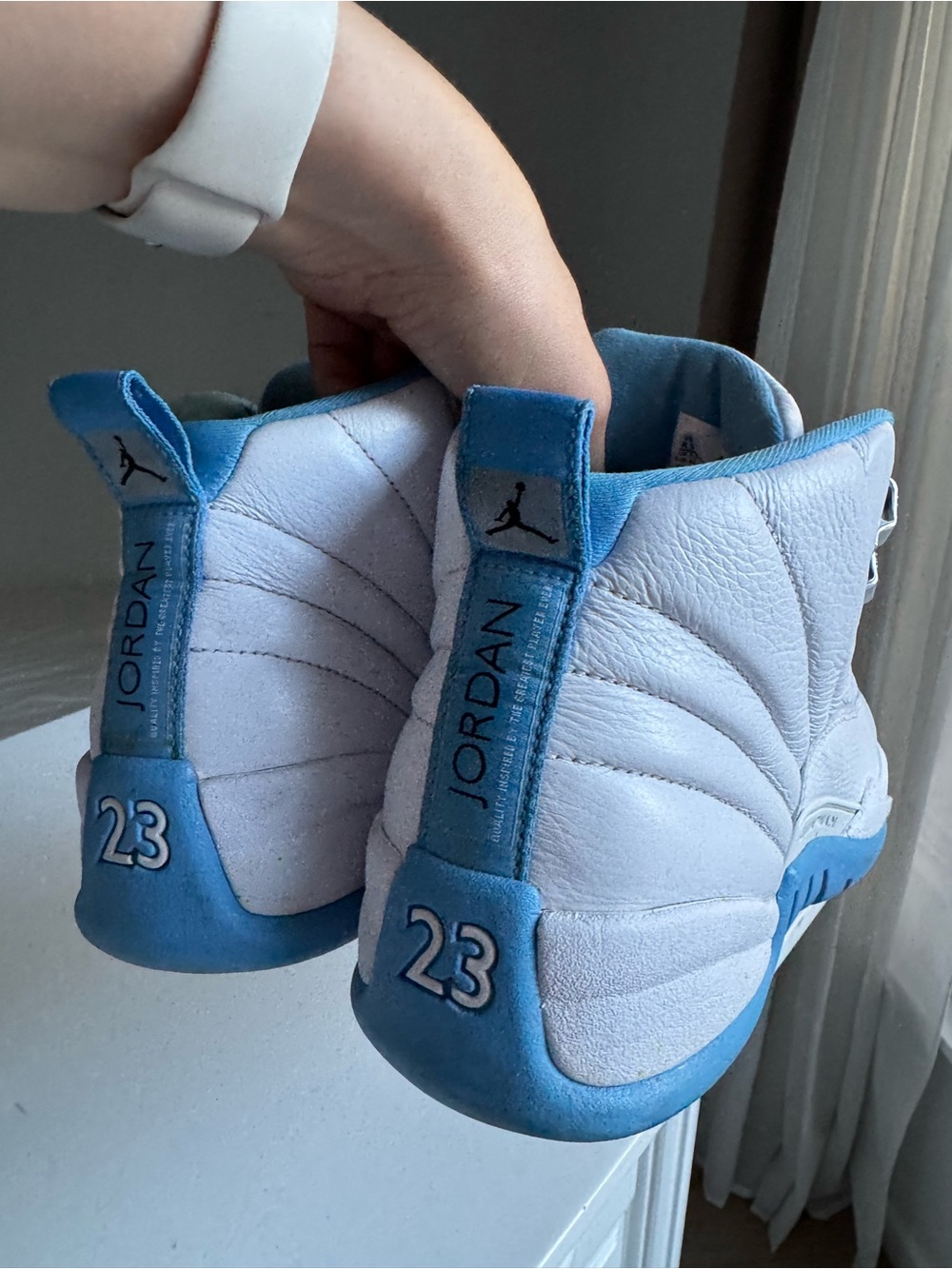 Air Jordan Kids' Retro 12 White and University Blue Sneakers - Picture 4 of 10